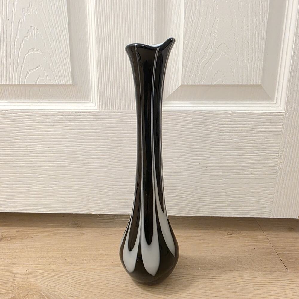 Black White Handblown Decorative Contemporary Abstract Tall Glass Vase - Picture 1 of 4